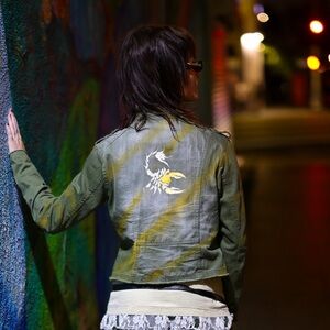 One Of a Kind Upcycled “Scorpio Annihilation” Handpainted Green Button Up Jacket